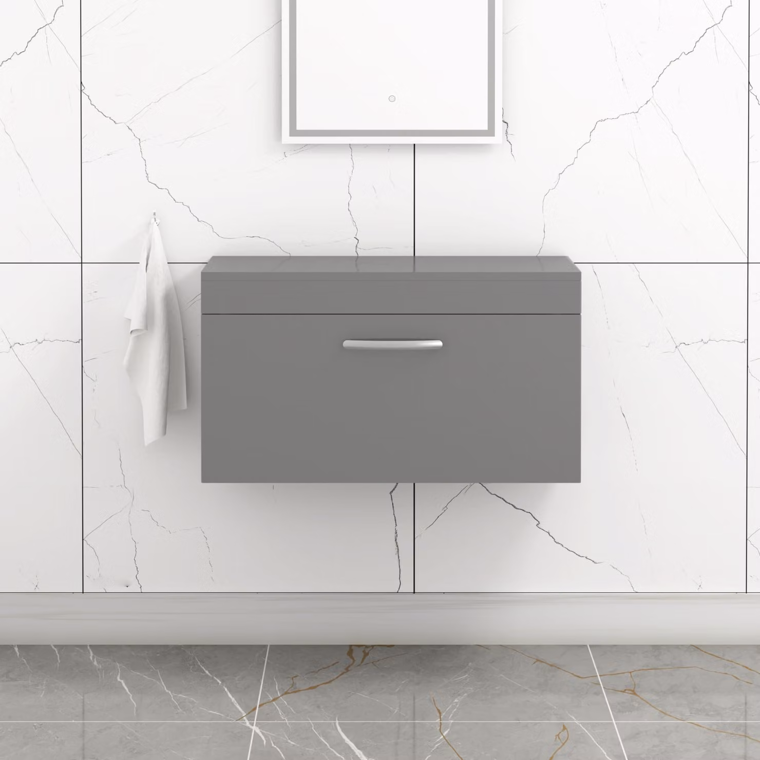 Royal Bathrooms Turin Wall Hung 1 Drawer Vanity Unit in Indigo Grey Gloss, Width: 80 cm