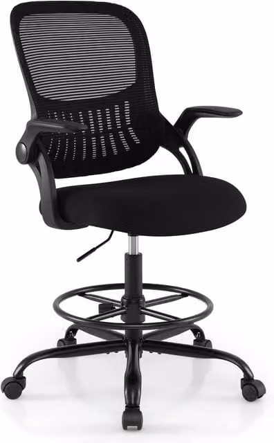 Costway Black Ergonomic Drafting Chair with Swivel, Armrests and Foot Ring – 1