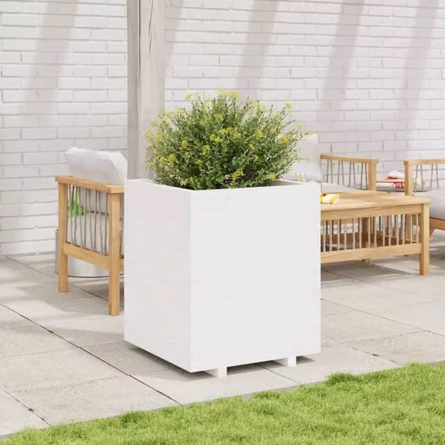 Berkfield Home Beautiful Garden Planter Tub in White Solid Wood, W: 60 cm, D: 60 cm, H: 72.5 cm