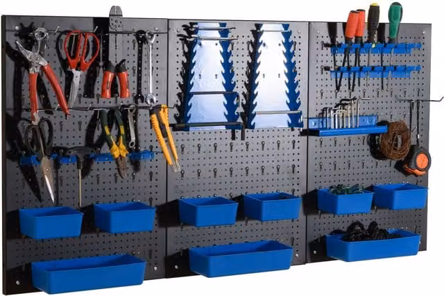 Costway Pegboard Wall Organizer with 9 Bins and Hammer Racks, Blue, W/D/H: 120 x 60 x 35 cm