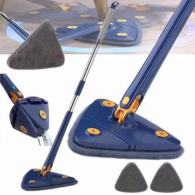 EONLION Adjustable Cleaning Mop Brush in Blue with 2 Microfibre Triangle Cloths and Telescopic Handle, Height: 100 cm