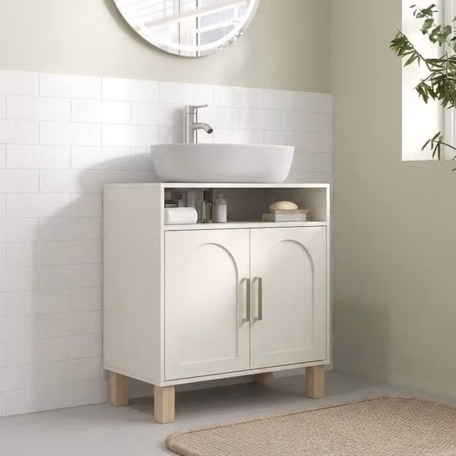 STILVORA Freestanding Under Sink Bathroom Cabinet with Hinged Doors and Internal Shelves in White or Beige