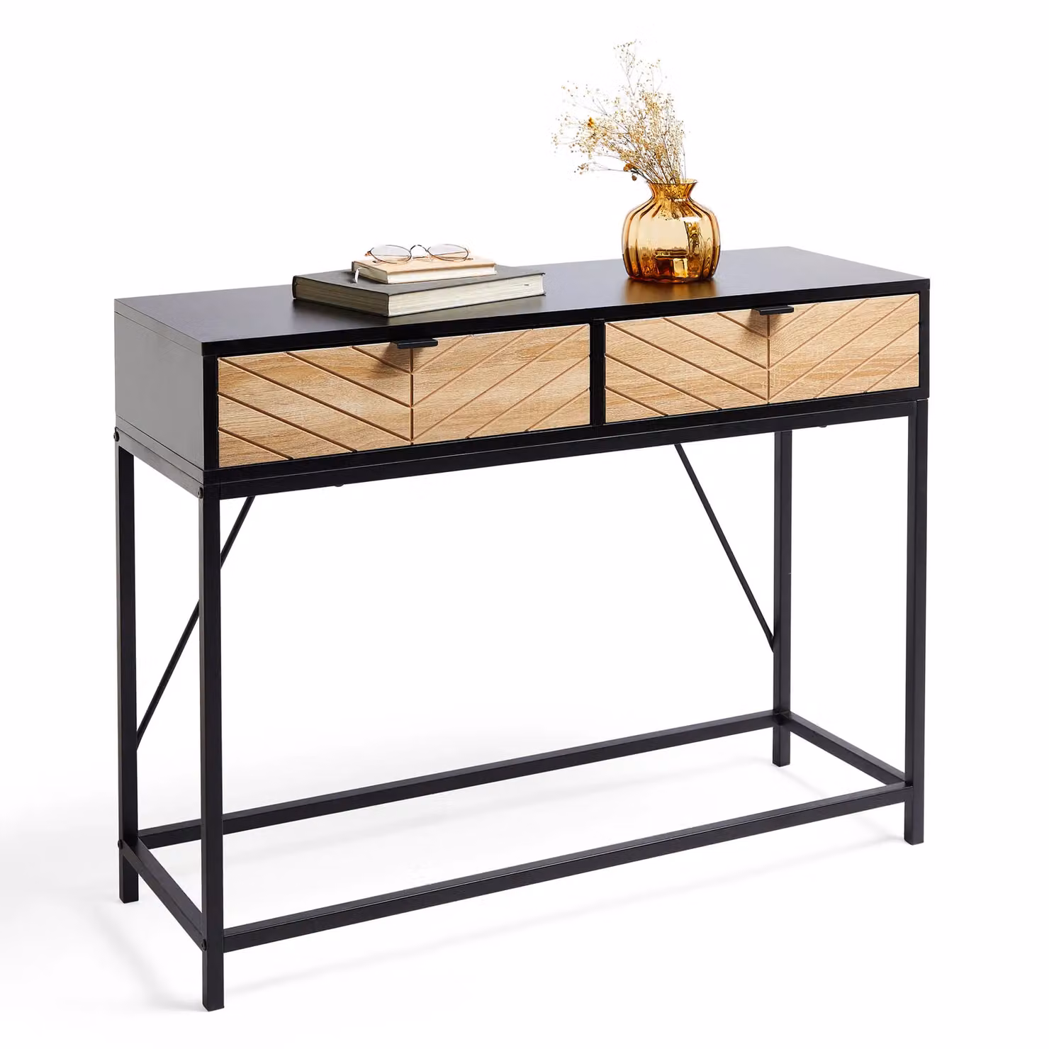 VonHaus Dalton 2 Drawer Chevron Design Hallway Console Table, Black, W: 100 cm, D: 35 cm, H: 76.5 cm – 2