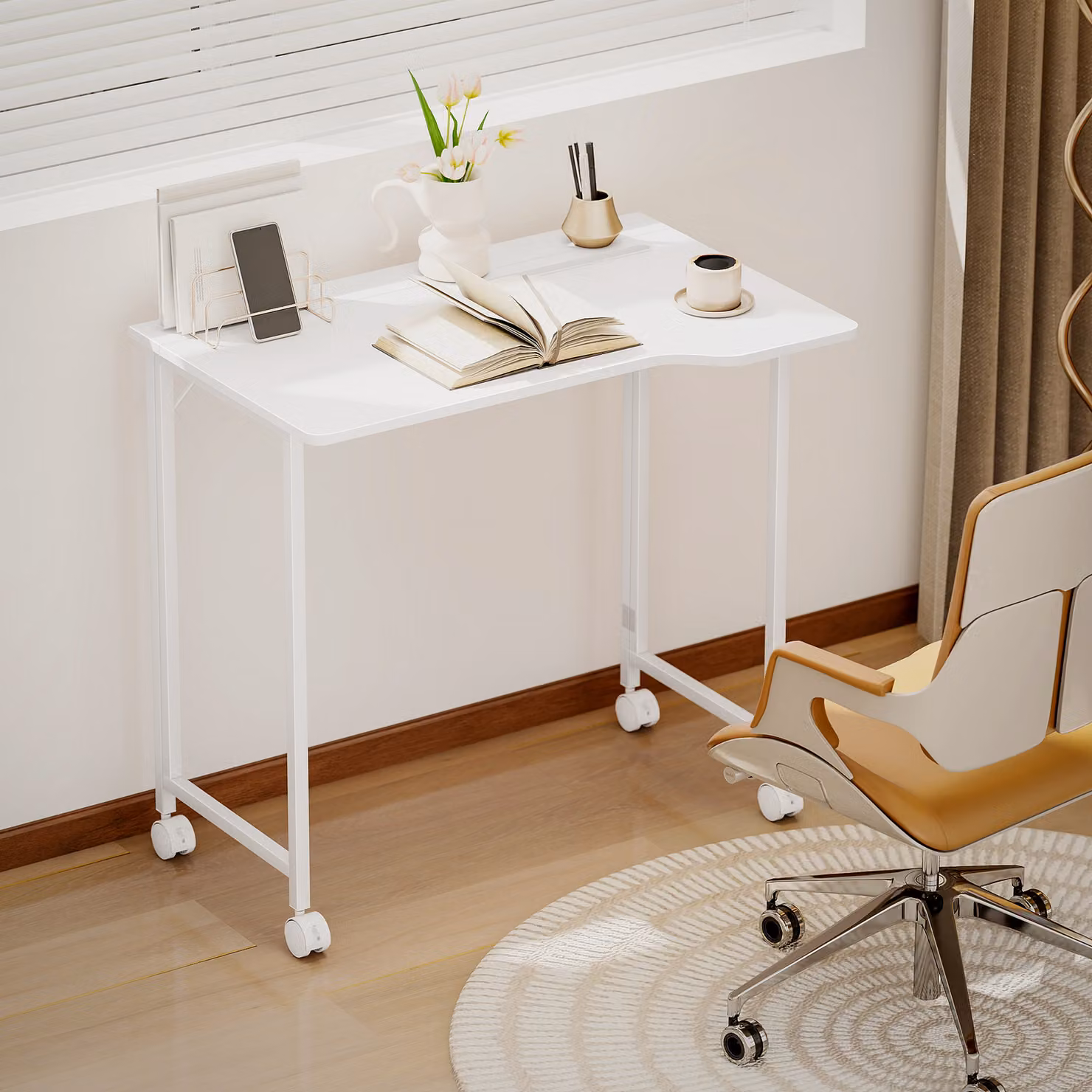 HOMCOM Small Folding Writing Desk with Castors, White Wood-Effect – 4