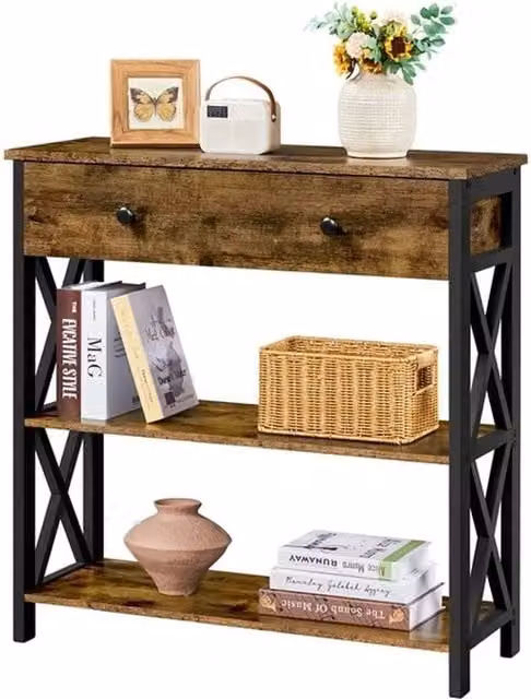 Kelvenix Rustic Brown Console Table with Glass Top and X-Frame Design – 1