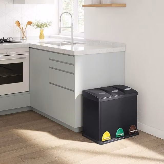 SONGMICS Triple Kitchen Waste Bin Recycling Can with Pedals and Lids, Black Steel