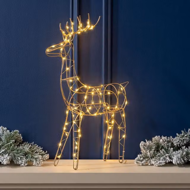 Christow Gold Micro LED Light Up Reindeer Tabletop Christmas Decoration, Battery Operated Metal Animal