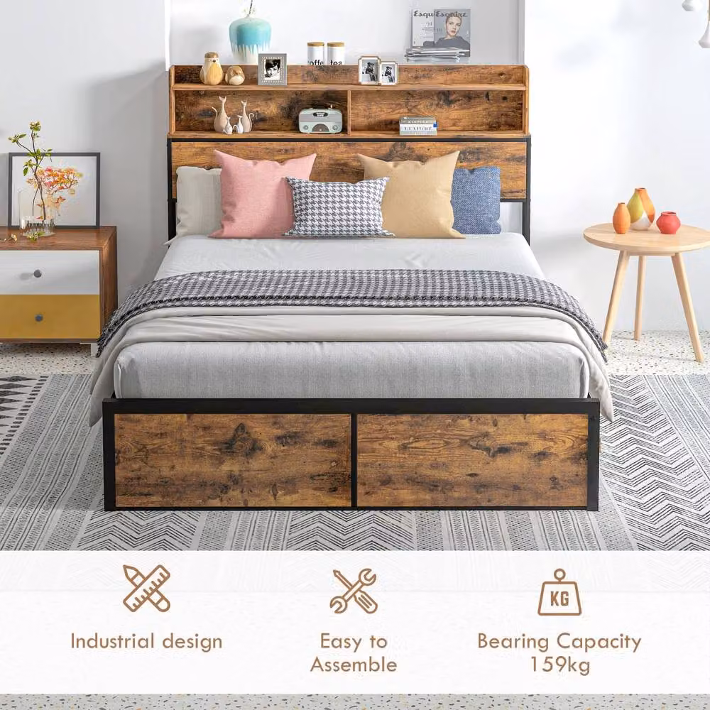 Wyld Haus Sata Industrial Double Bed Frame with Headboard and Side Compartments, Brown and Black, W/D/H: 140 x 200 cm – 5