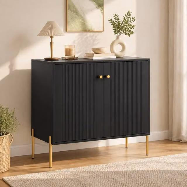 STILVORA Modern Black Sideboard Cabinet with Fluted Doors and Gold Accents