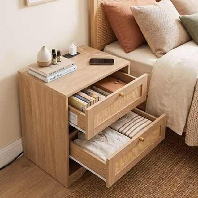 NESTLUNE Brown Nightstand with Integrated LED Light and 2 Drawers, W: 100 cm, D: 15 cm – 1