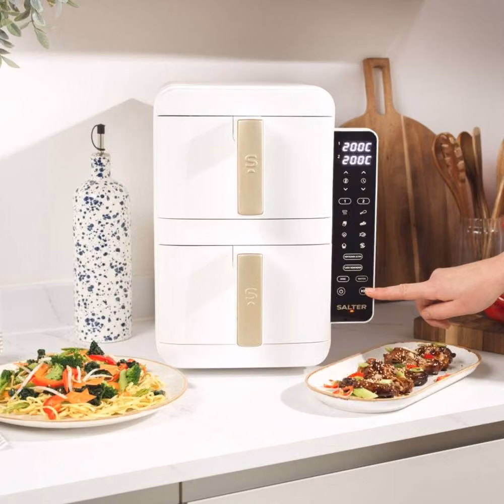 Salter VertiCook Ultra 9L Stackable Dual Zone Air Fryer with Digital Display in White and Gold – 3