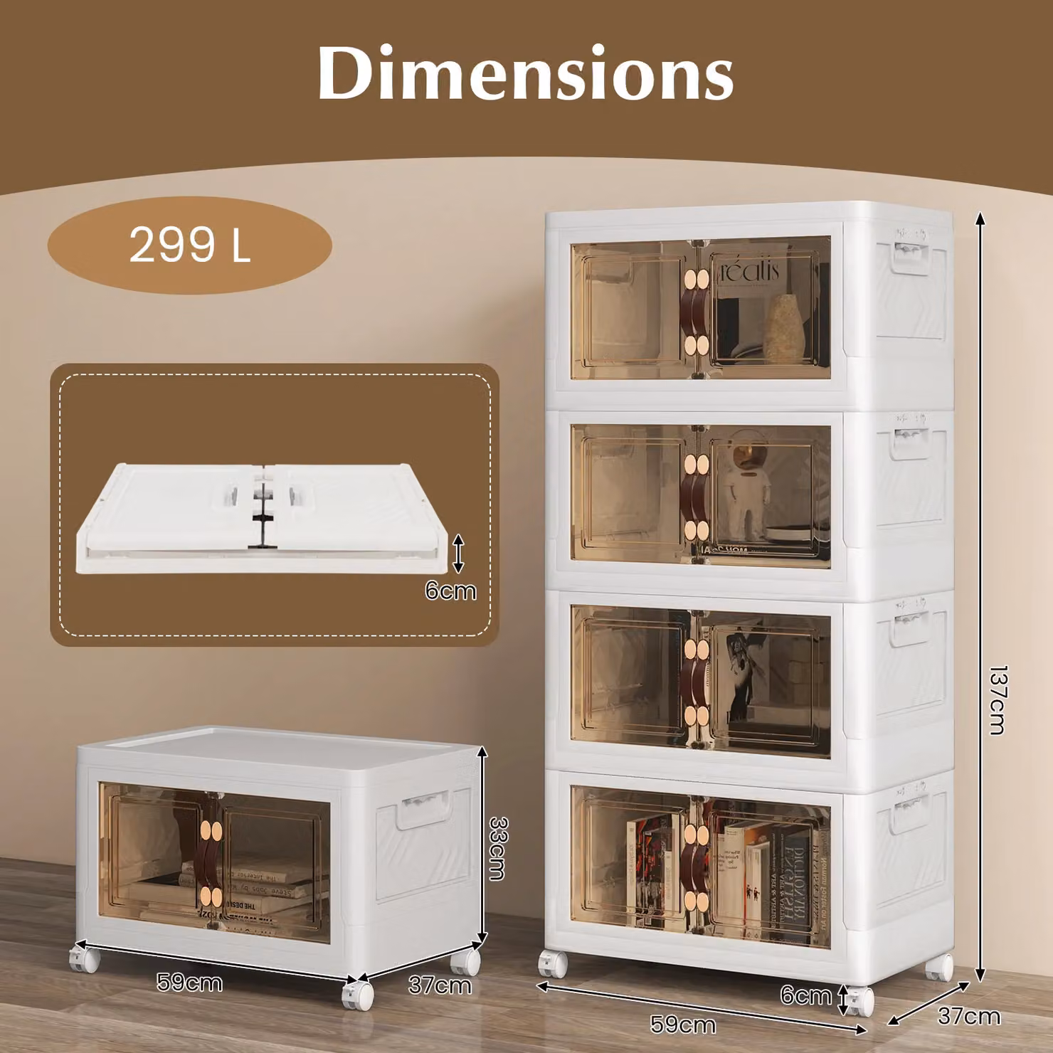 Costway 4 Pack Stackable Folding Storage Cabinets with Lockable Wheels and Glass Doors in White – 2
