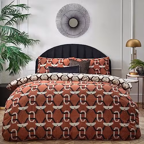 Furn Avalon Reversible Art Deco Geometric Duvet Cover and Pillowcase Set in Red and White, 200 x 200 cm