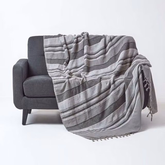 Homescapes Grey Moroccan Striped Woven Cotton Throw