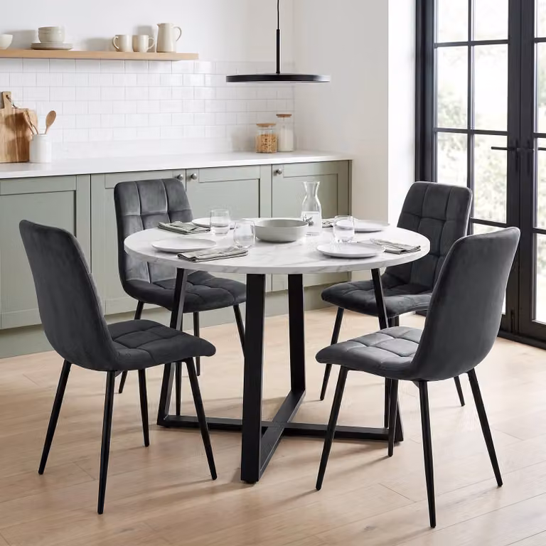 DHS Round Dining Table Set with 4 Chairs, White, Grey and Black