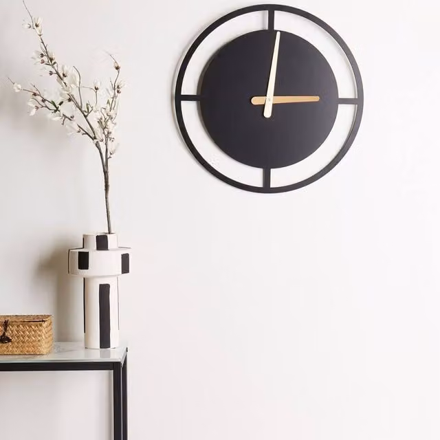 Wyld and Coco Nexa Modern Round Wall Clock with Black Metal Ring and Gold Hands, Diameter: 40 cm