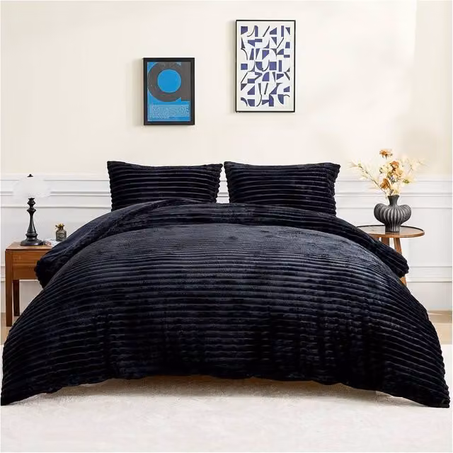 Gaveno Cavailia Ribbed Fleece Duvet Cover and Pillowcase Set, Black, W/H: 135 x 200 cm