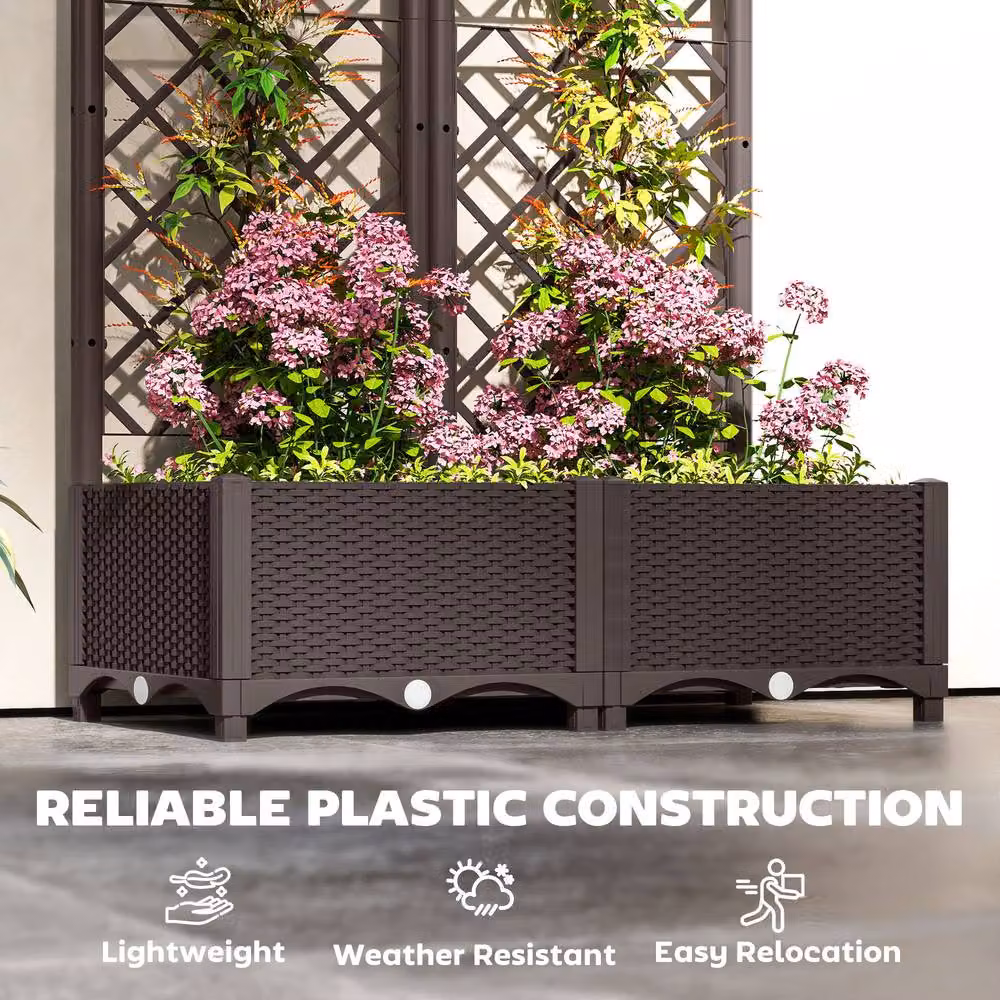 Outsunny Plastic Planter Box with Trellis for Vegetables and Climbers, Brown, W/D/H: 123 x 40 x 80 cm – 2