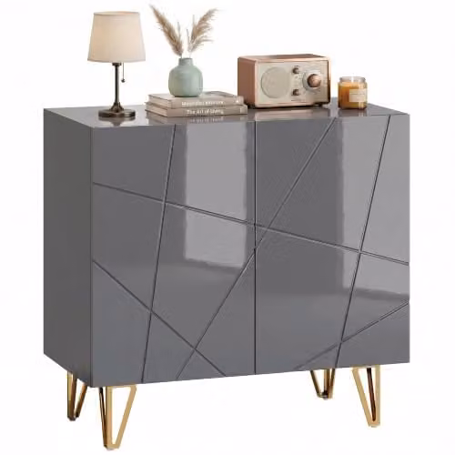 HOMCOM Modern Glossy Grey Storage Cabinet with Gold Accents, W/D/H: 80 x 40 x 75 cm – 1