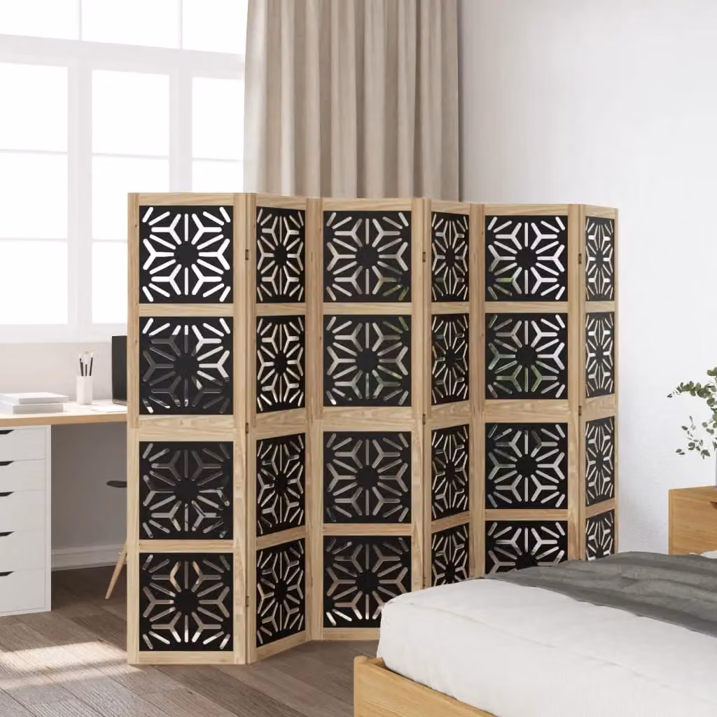 Berkfield Home 6 Panel Geometric Room Divider in Brown and Black Solid Paulownia Wood – 2