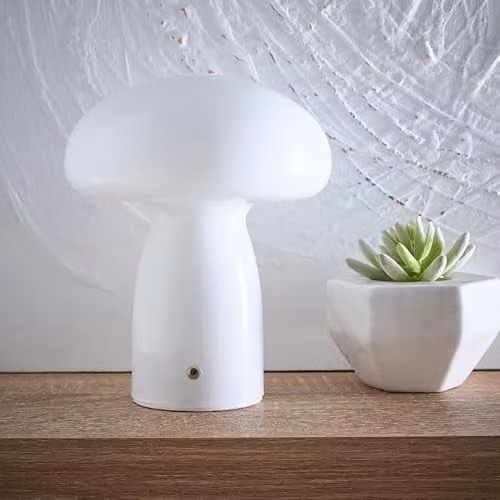 K LIVING Cory Rechargeable LED Mushroom Shape Glass Table Lamp in White