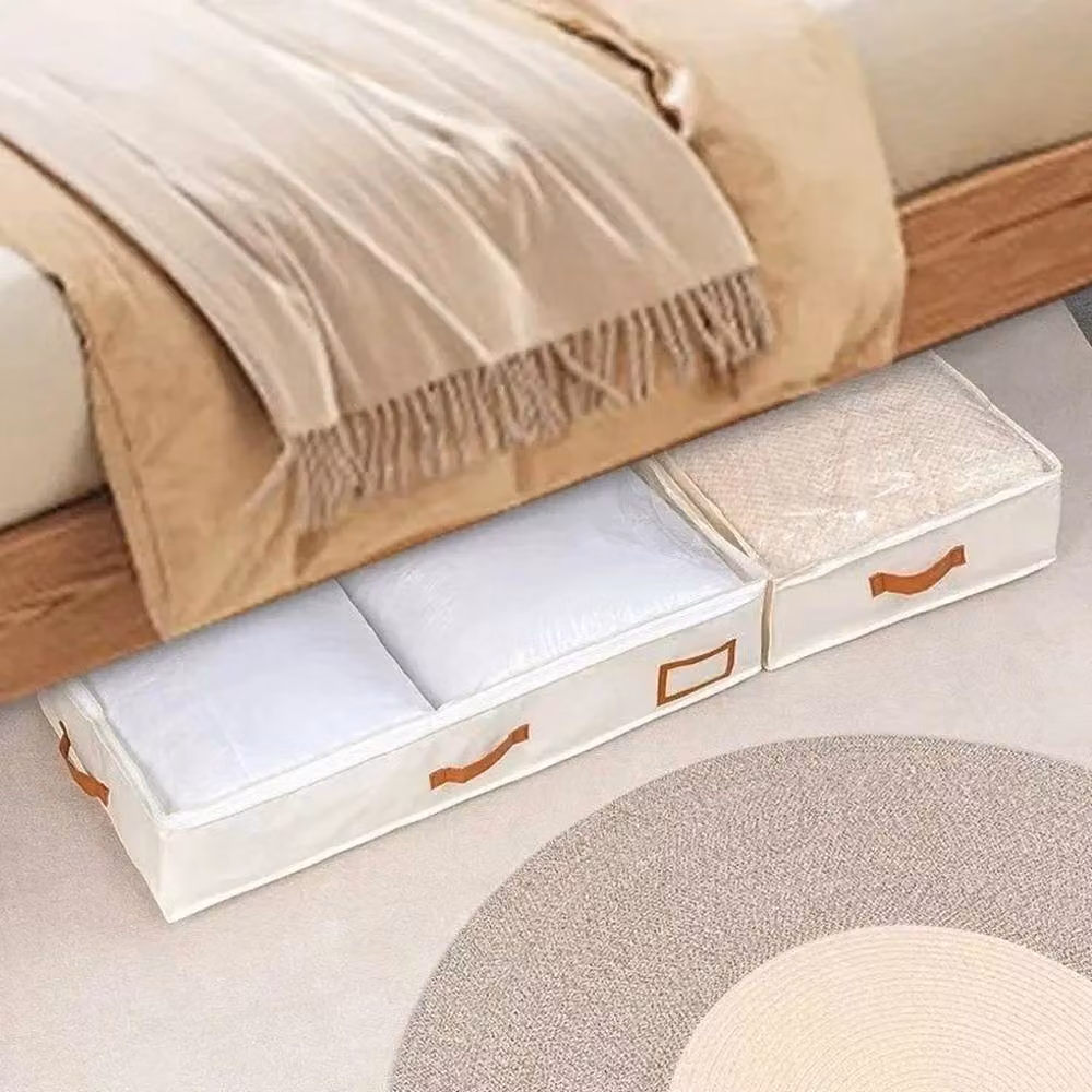 EONLION Sturdy Fabric Clothes and Quilt Storage Box with Handles, Beige, W: 50 cm x D: 45 cm x H: 15 cm – 3
