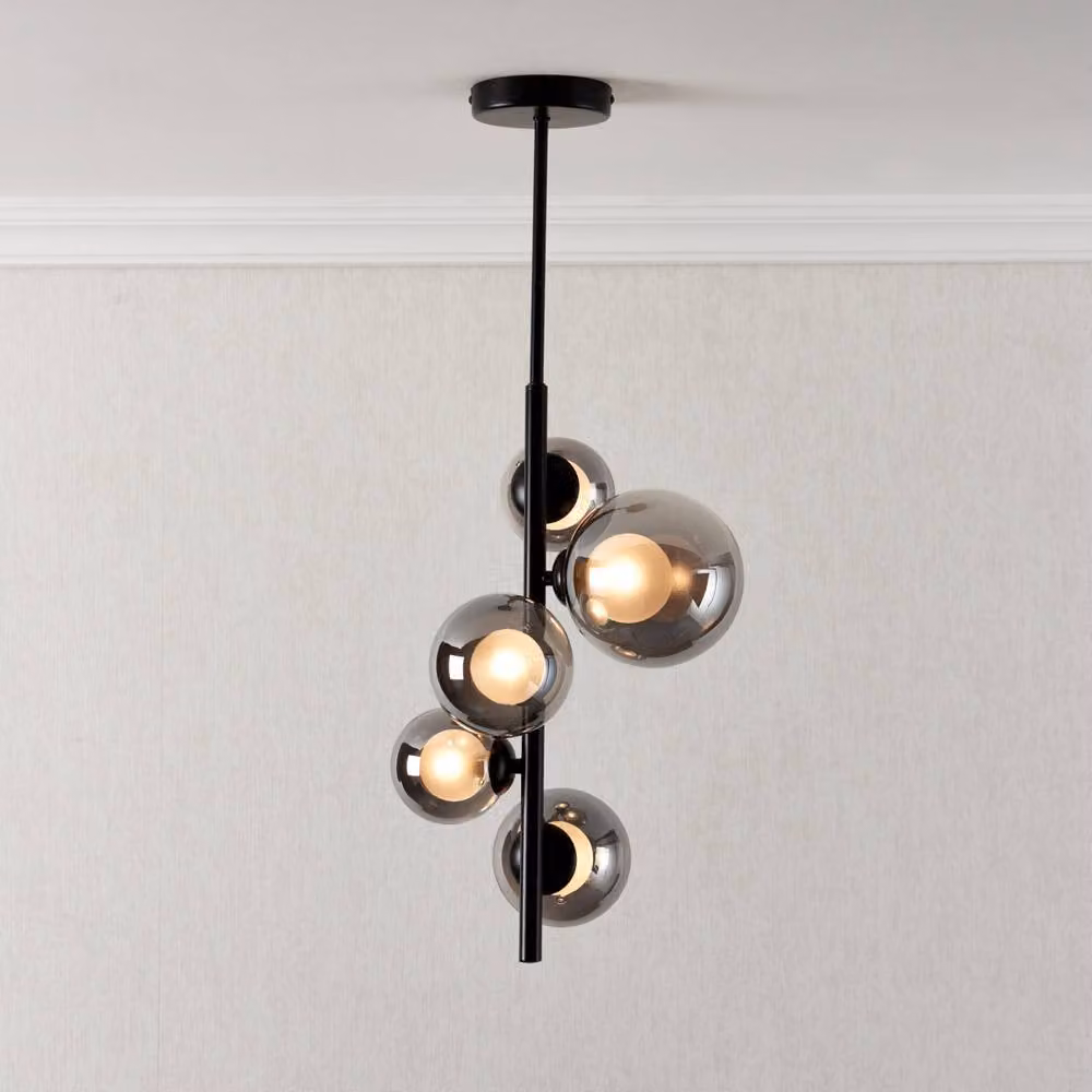 First Choice Lighting Cole 5 Light Ceiling Pendant in Black with Smoke Glass – 2