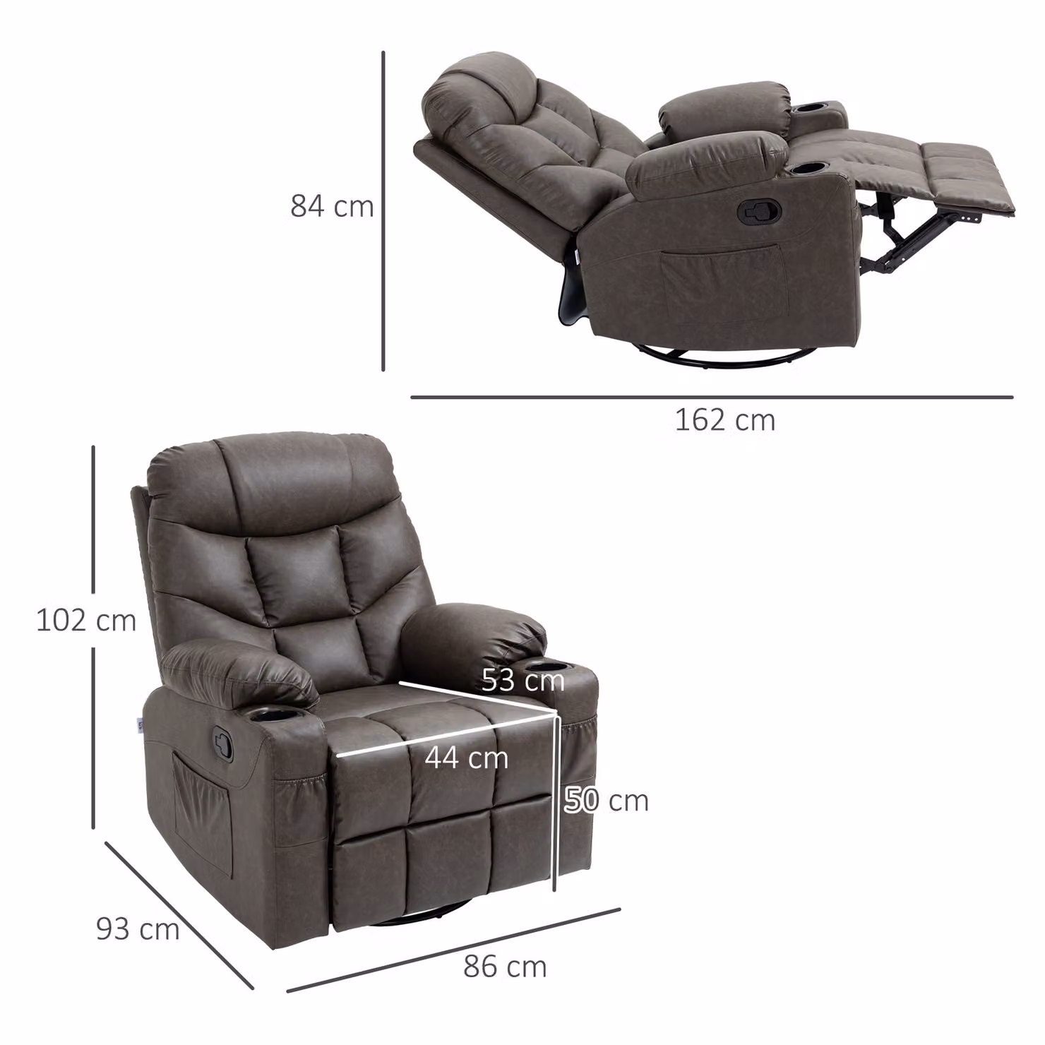 HOMCOM Brown Faux Leather Single Reclining Armchair with Cup Holders and Footrest, H 102 x W 86 x D 93 cm – 3