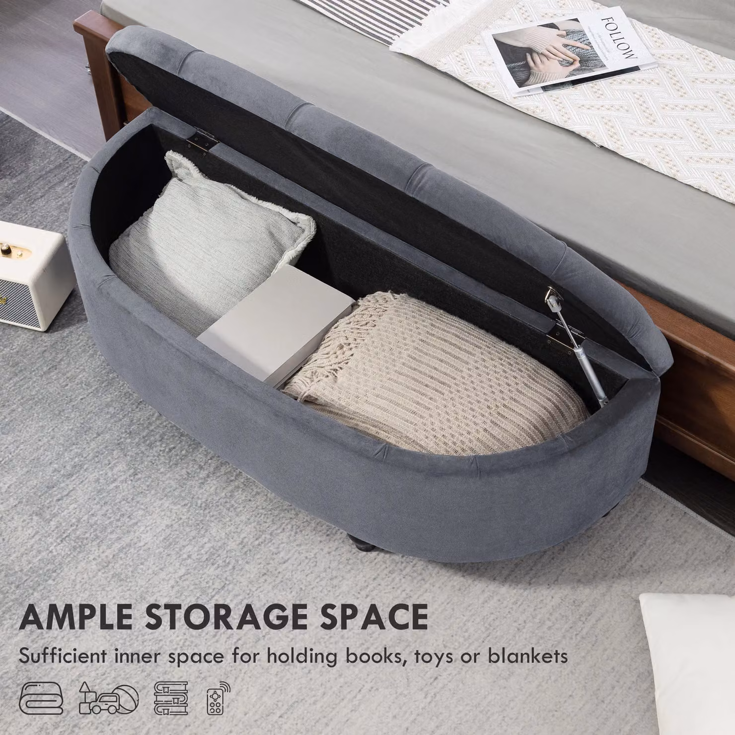 HOMCOM Semi-Circle Velvet Upholstered Ottoman Storage Bench in Grey, W/D/H: 120 x 46 x 42 cm – 3