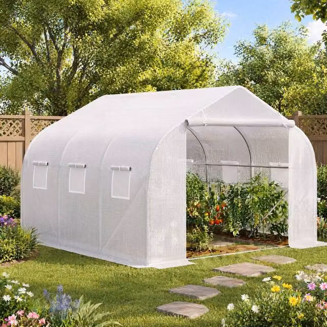 STILVORA White Walk-In Greenhouse with 6 Mesh Windows and PE Cover, W/D/H: 350 x 300 x 200 cm