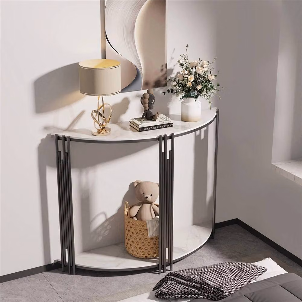 NESTLUNE 2-Tier Half Moon Console Table in White with Glossy Ceramic Top – 2