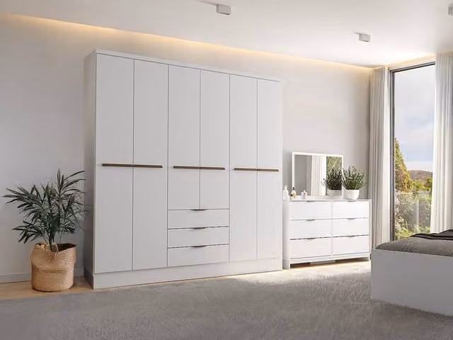 PEROLI Vente-unique 6-Door Wardrobe with 3 Drawers, White, W: 180 cm, H: 206 cm, D: 46.5 cm