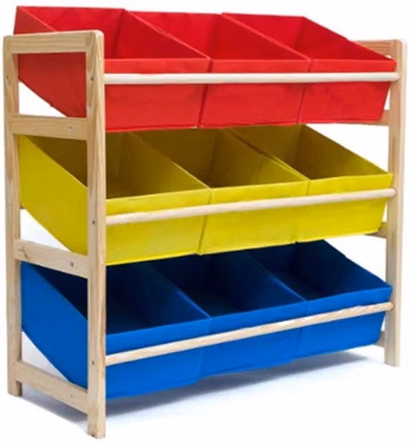 VOGREX 3 Tier Kids Wooden Toy Storage Unit with 9 Removable Multicolour Bins