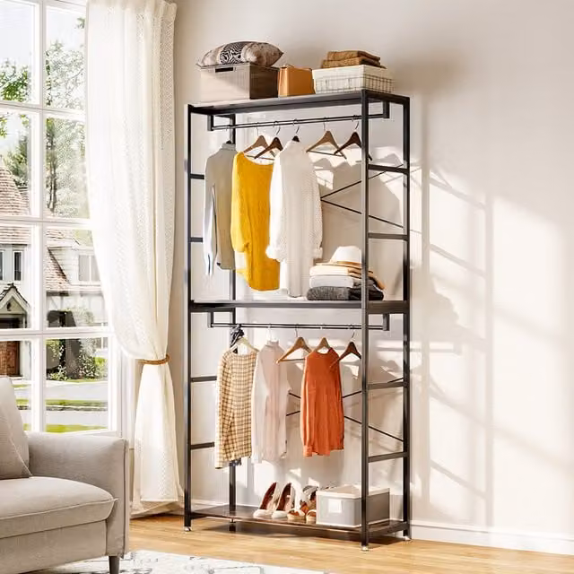 Livingandhome Industrial Metal 2-Tier Clothes Rail with Storage Shelves in Black and Brown