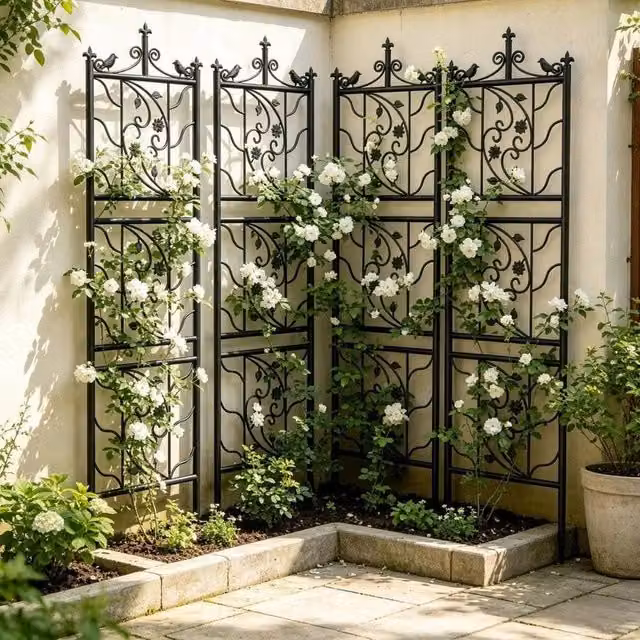 SPETLEK Black Metal Rose Climbing Plant Support Trellis Fence Panels, 4 Pieces