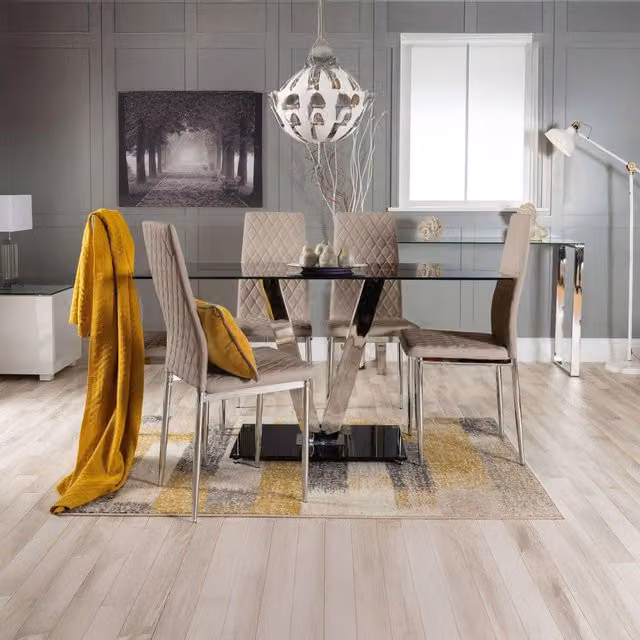 FurnitureboxUK Florini Black Glass and Chrome Metal Dining Table and 6 Milan Dining Chairs Set in Cappuccino