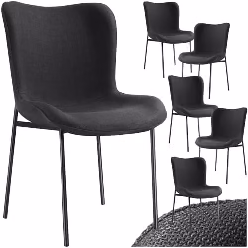 tectake Set of 6 Scandi Style Dining Chairs in Black Woven Fabric with Ergonomic High Backrest and Steel Legs – 1