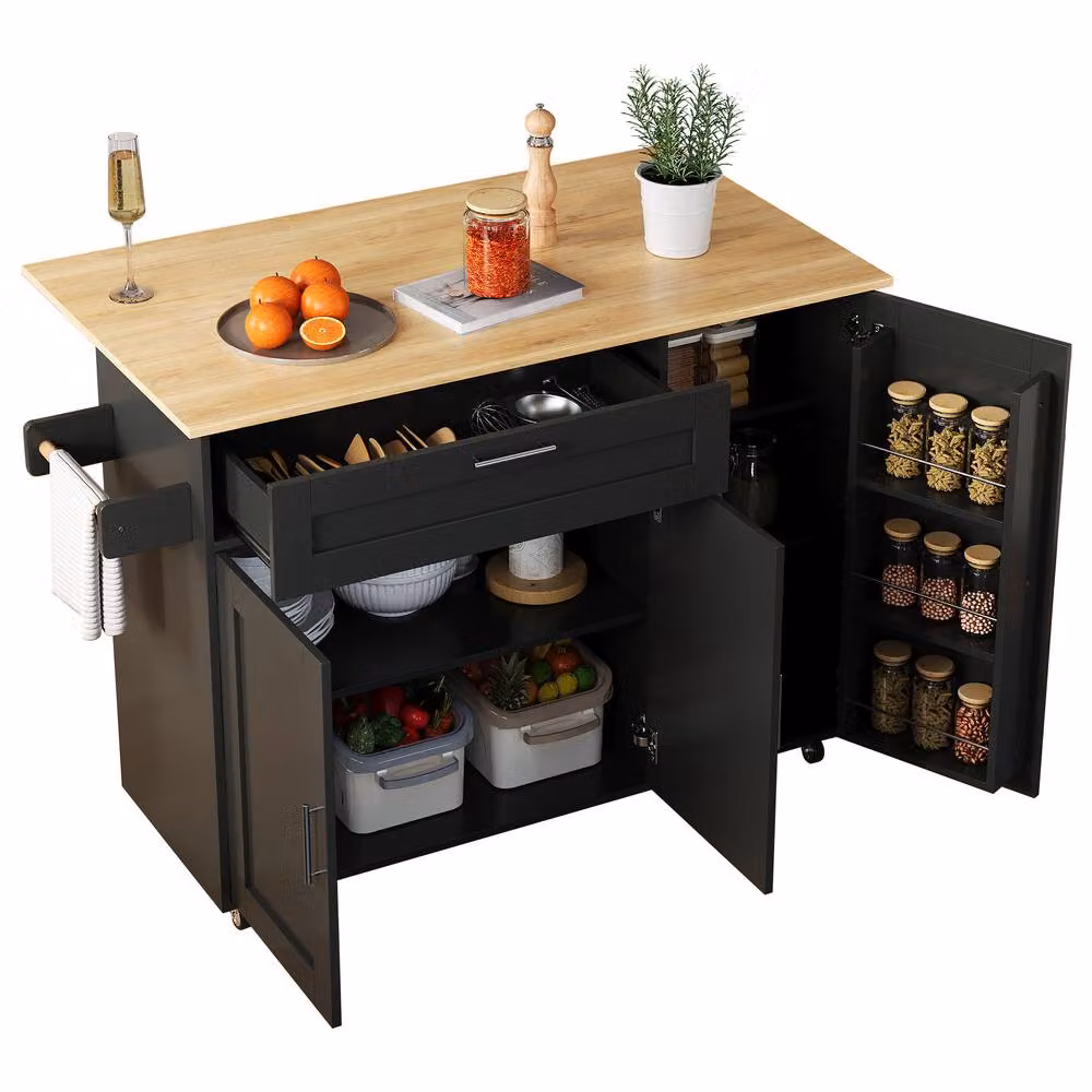 Merax Black Kitchen Island Trolley with Foldable Worktop and Rolling Metal and Wood Design – 9