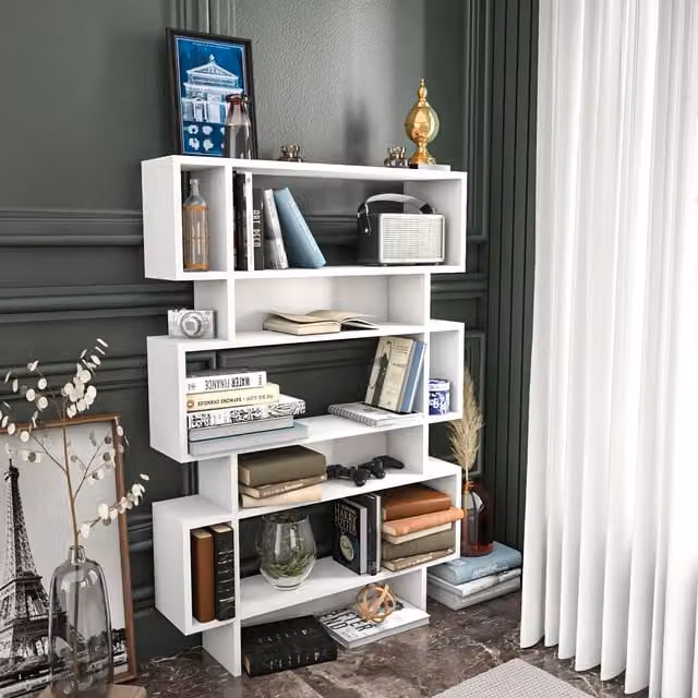 Decorotika Elze Industrial Geometric Bookcase with Open Shelves, White, Height: 130 cm, Width: 90 cm