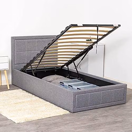 Home Treats Grey Fabric Upholstered Single Ottoman Bed Frame with Lift Up Storage W/D/H: 90 x 200 x 30 cm – 5
