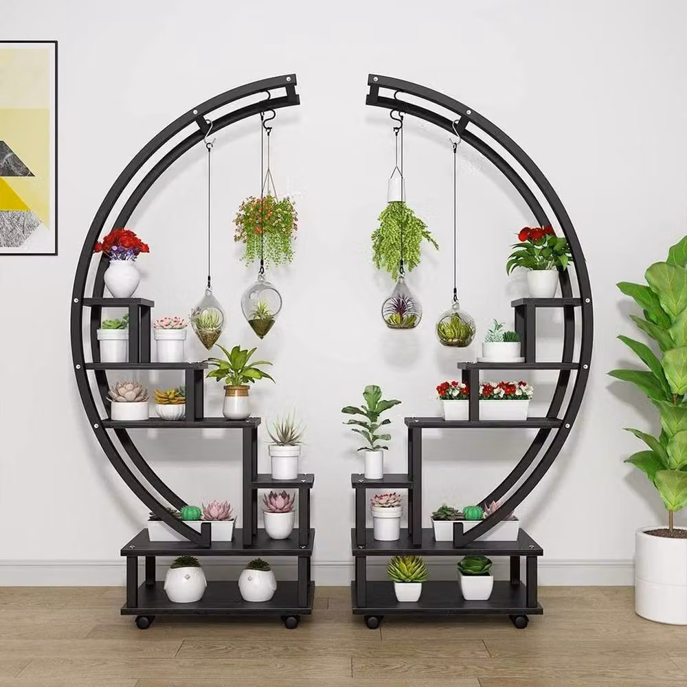 FLAVORA 6 Tier Half Moon Metal and MDF Plant Stand in Matt Black – 5
