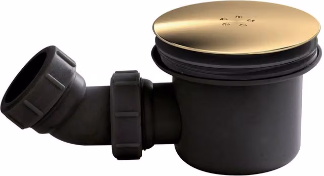 Balterley Resin Corner Shower Tray with 90mm Mega Flow Waste in Brushed Brass and Black – 1