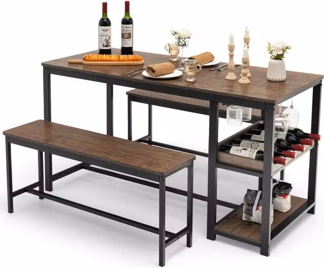 Costway 3 Piece Brown Wood Dining Table and Benches Set for 4 Adults