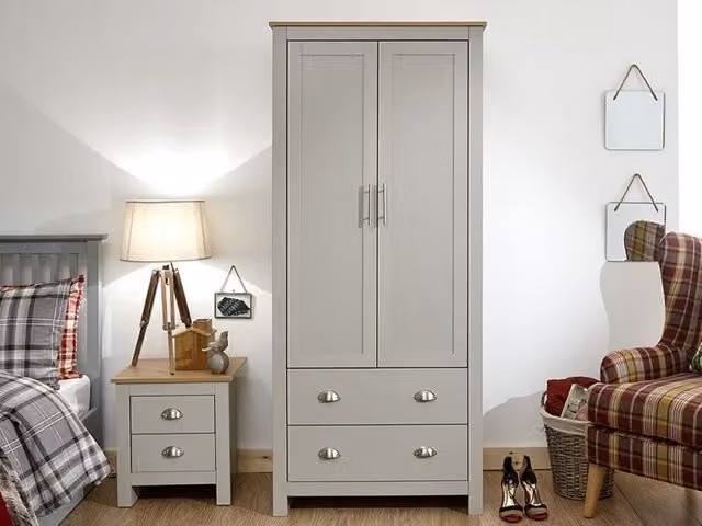 GFW Lancaster 2 Door 2 Drawer Wardrobe in Grey and Oak