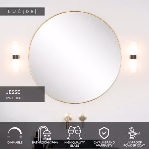 Lucide Jesse Dimmable Modern Glass and Metal Bathroom Wall Light, Black, IP44, 2xG9 – 2