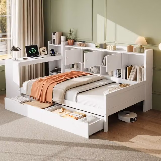 BTM Single Daybed with Storage Drawers, Bookcase and Desk in White and Gold – 1