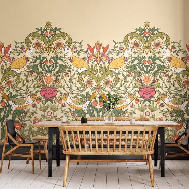 Origin Murals Birds, Fruit and Foliage Art Nouveau Wall Mural in Gold and Yellow