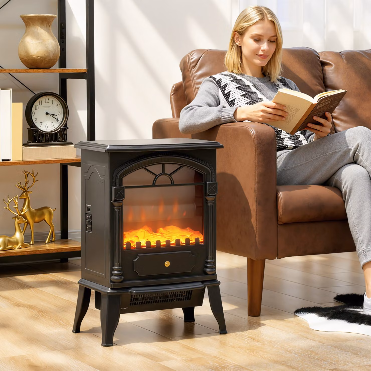 HOMCOM Electric Fireplace Stove Heater with 3D Flame Effect, 2000W, Black – 2