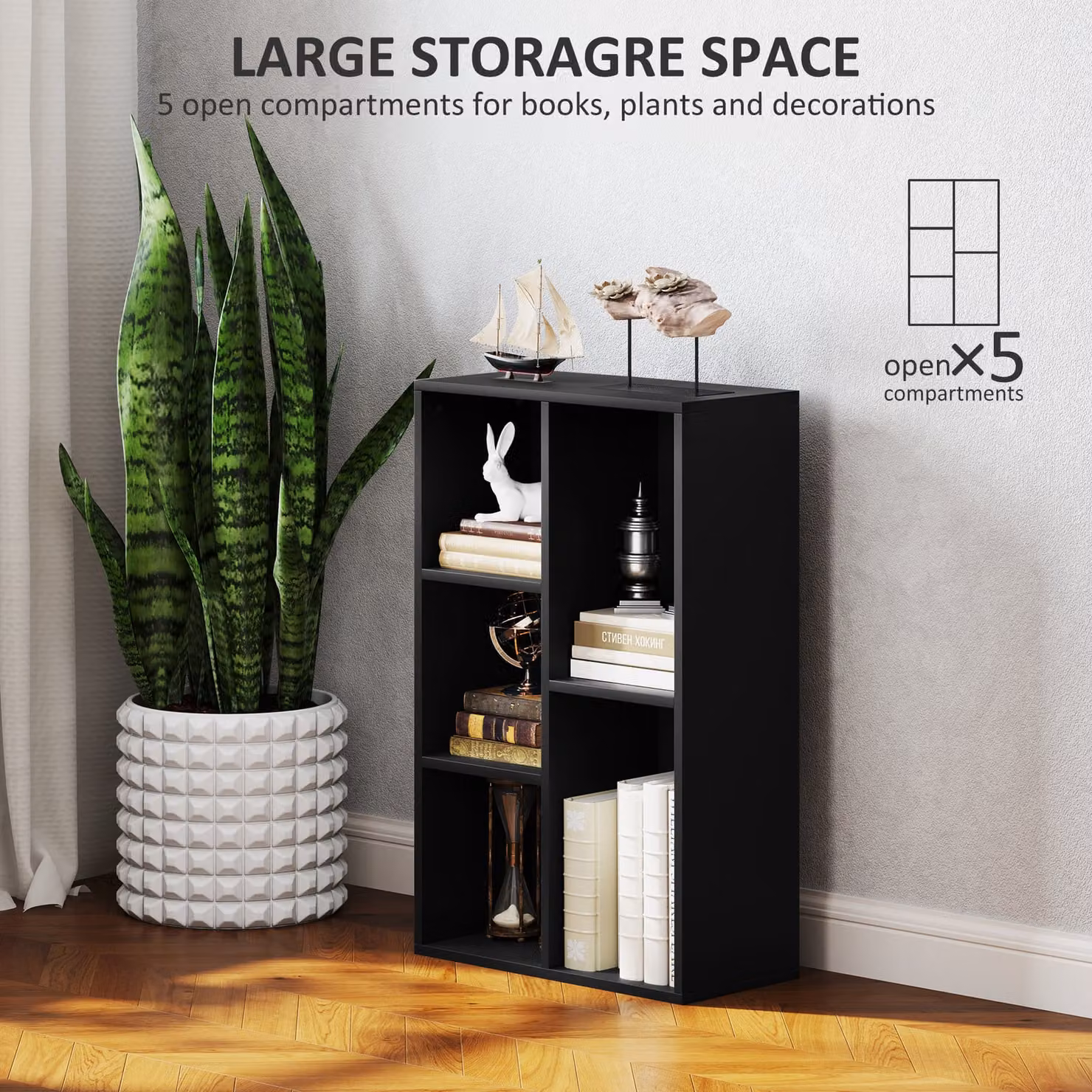 HOMCOM Modern 2-Tier Freestanding Bookshelf with 5 Compartments in Black – 4