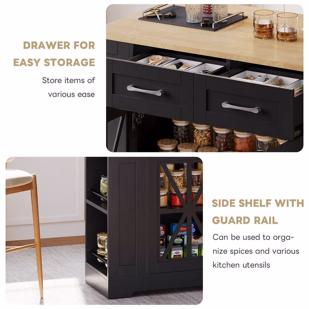 Matteo Mobile Kitchen Island with Foldable Top and Power Sockets, Black and Natural Wood, H 92.0 x W 65.0 x D 40.0 cm – 6